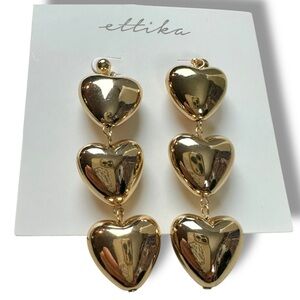 Revolve Ettika 18k Gold Plated Heart Triple Drop Earrings Puffy NWT Dangles